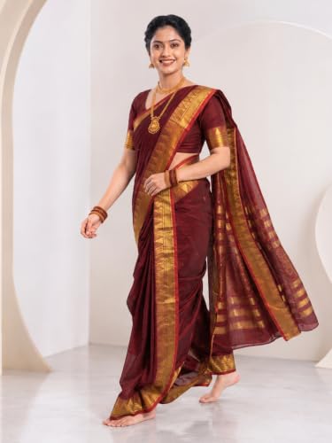 Image of Mom and Me Women Ready to Wear Nauvari Saree, Maharashtrian Peshwai Paithani, 9 Yard Readymade, Acrylic Cotton, Free Size, Traditional Ethnic Saree, with Blouse Piece