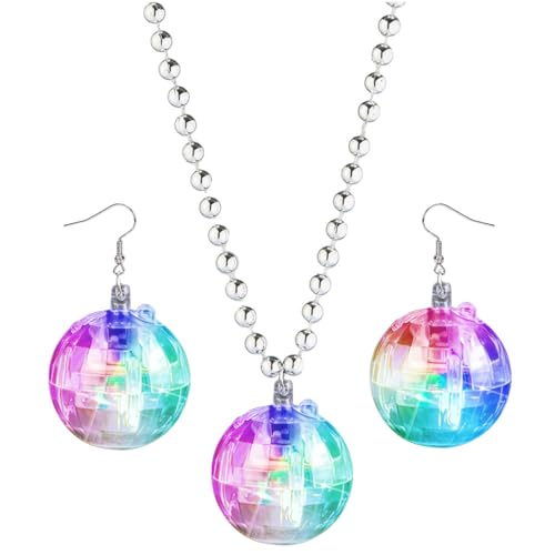 JICASTO LED Disco Ball Earrings and Necklaces 2 Pcs 70s 80s Light up Disco Ball Set for Disco Party Favors Dance Accessories Women Halloween Costume (Transparent)