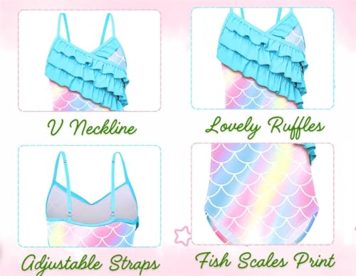 Image of Dressy Daisy Girls Fish Scale Bathing Suit Toddler Rainbow Scale Print Ruffle One-piece Swimsuit for Beach Pool Party