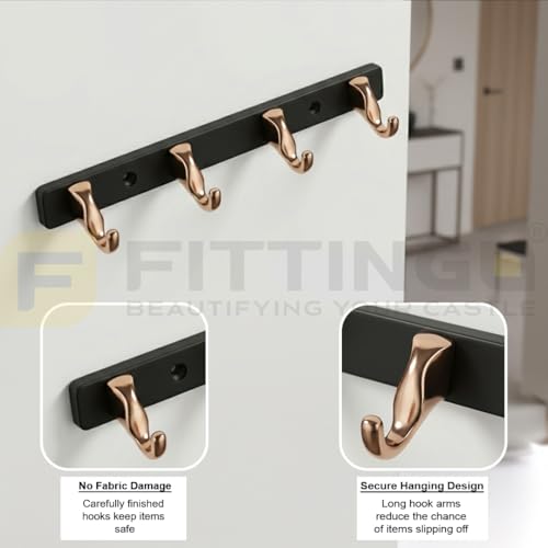 Image of 4 Hook Modern Bathroom Hooks for Hanging /Cloth Hooks for Door Back Side /Cloth Hanger for Wall (Rose Gold with Black) Pack of 1-| 3 Years Warranty |