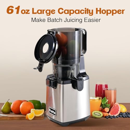 Image of Fretta Cold Press Juicer, 5.3 inch Feed Chute for Whole Fruits & Vegetables | Less Prep, Family-Size Capacity, Quiet Operation, Easy Cleaning, Stainless Steel Housing, Safety Lock, Reverse Function