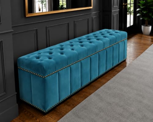 Image of Tufted Velvet Storage Ottoman Bench with Nailhead Trim (Teal) | Velvet Storage Ottoman Bench