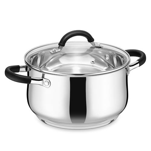 E-far 4 Quart Stockpot, Stainless Steel Pot with Visible Lid for Cooking Soup Pasta, Tri-Ply Thick Base for Induction Gas, Small Cooking Pot with Dual Heat Proof Handles, Non-Toxic & Dishwasher Safe