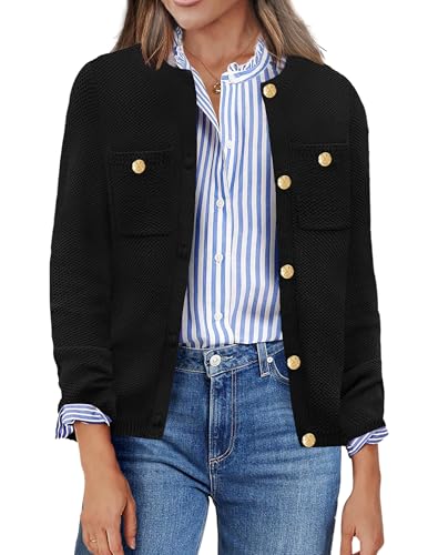 Zeagoo Womens Knit Cardigan Sweaters Button Down Shirts Long Sleeve Crew Neck Ribbed Knit Blouse Open Front Work Tops Black