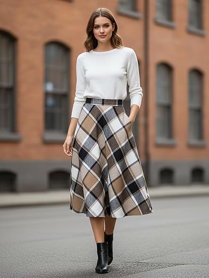Belle Poque Damen Karierten Röcke Vintage Hoch Taillierte A‑Linie Midi‑Rock