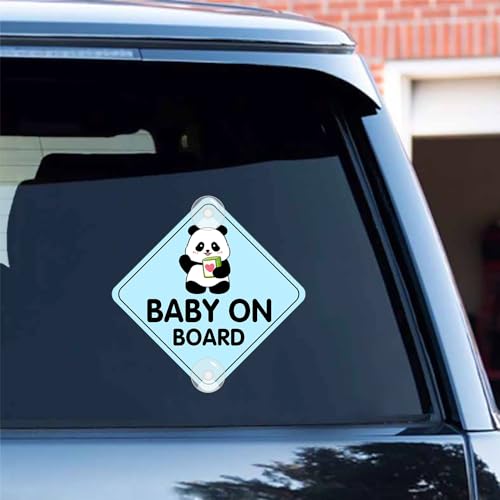 Image of 2PCS Panda Baby On Board Sticker for Cars, Cute Kids in Car Suction Cup Sign for Car Window Bumper Truck Auto Warning Decals (Suction Cup, Blue)