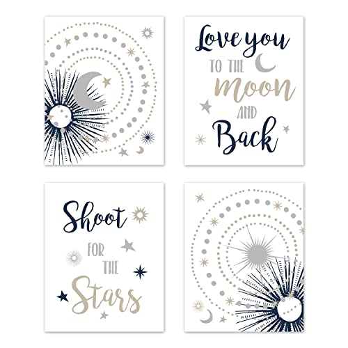 Image of Sweet Jojo Designs Star and Moon Wall Art Prints Room Decor for Baby, Nursery, and Kids - Set of 4 - Navy Blue, Gold, and Grey Celestial Sky