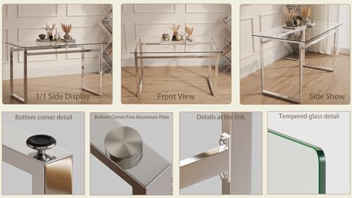 Modern Glass Dining Table for 4-6, 51" Rectangular Kitchen Dining Room Table with 0.31" Tempered Glass Tabletop and Silver Chrome Metal Legs, Writing Table Desk, for Kitchen Dining Living Room - Image 6