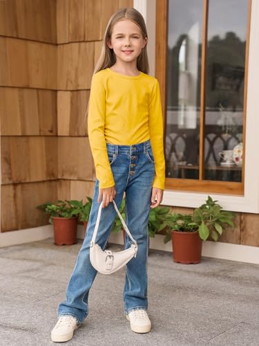 Image of Haloumoning Girls Long Sleeve Shirts Crewneck Ruched Side Slim Fit Tops Ribbed Knit Casual Tee Shirt 4-15 Years