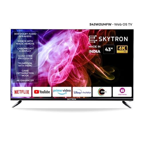 Image of Skytron 108 cm (43 Inch) Frameless 4K Ultra HD WebOS Smart Led TV (2022, Black) 30W Dolby Thunder Speaker Soundbar, Gaming Optimisation, Wall Mounted TV with Bluetooth (2 Way Playback) Briefcase Packaging
