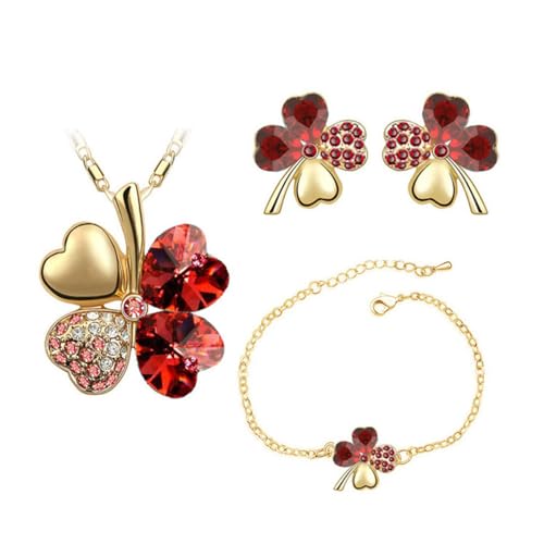 Auriselle Señoras Joyería Set Trébol de Cuatro Hojas de la Suerte Pendientes Collar Pulsera 3 Piezas Mujeres Joyería con Zirconia Cúbico Regalos de Boda para Damas, Rojo