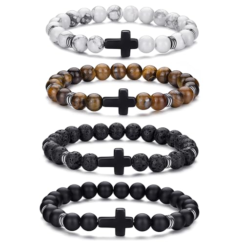 Rankeef 4-BRACELET-SL-959 Cross Bracelet For Men 8Mm Mens Beaded Bracelet Set Stretch Cross Beads cover