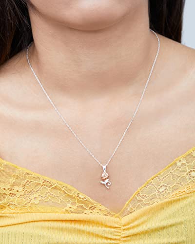 Disney Beauty And The Beast, Sterling Silver Two Tone Rose Pendant Necklace, 18" Chain #TOP1
