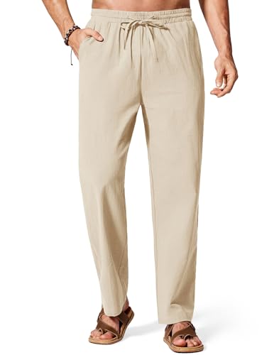 COOFANDY Men's Cotton Linen Pants Elastic Waist Drawstring Summer