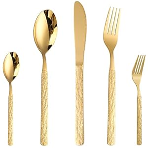 Gold Silverware Utensils Set for 12, Golden Stainless Steel Flatrware Sets 60 Piece, Luxury Textured Cutlery Set, Stone Pattern Design & Dishwasher Safe
