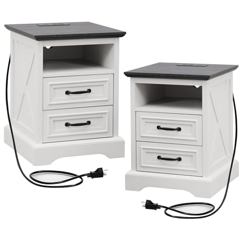 Image of Farmhouse Nightstands Set of 2 with Charging Station，White & Black Tabletop | End Tables with 2 Drawers, Cube Storage Organizer, USB Ports, Metal Handles, for Rustic Bedroom Bedside, Living Room, Dorm