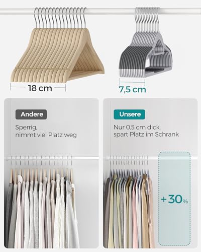SONGMICS Kleiderbügel 30er Set, Bügel aus Kunststoff, rutschfest, platzsparend, Dicke 0,5 cm, 42 cm lang, um 360° drehbarer Haken in Silber, hellgrau-dunkelgrau CRP20G30