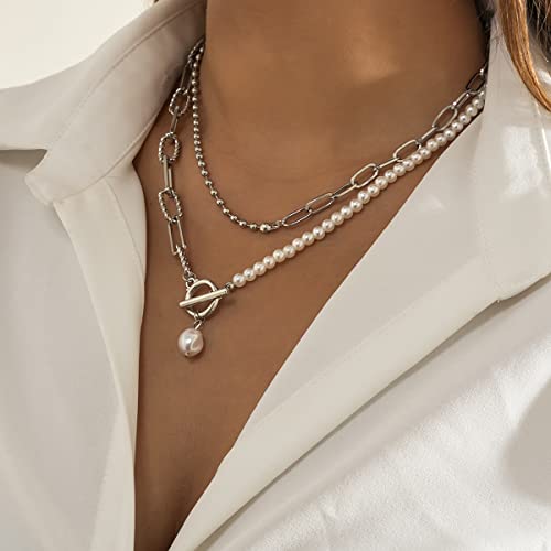 Bethynas Dainty Silver Layered Baroque Pearl OT Clasp Necklace Stacking Beaded Ball Chain Paperclip Pearl Chain Retro Necklace for Women3