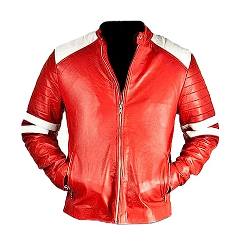 Men’s Stylish Fight Cafe Racer Leather Jacket Club Casual White & Red Stripes Motorcycle Jacket for Men2