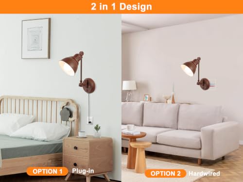 Image of GOODATE 1 Pack Plug in Wall Sconce with Remote Control, Dimming, Adjustable Colors 2700K-6500K, Plug in Wall Light, Swing Arm Wall Lamp with Night Light & Timer, LED Bulb Included, Walnut Finish