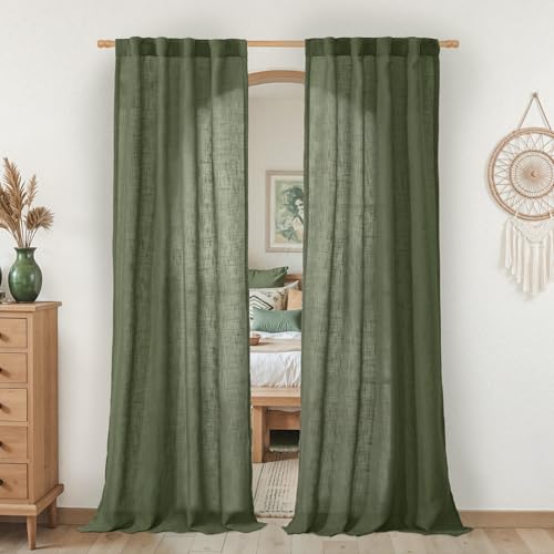 LAMIT Olive Green Linen Curtains 80 inch Length 2 Panels, Light Filtering Semi Sheer Curtains Back Tab and Rod Pocket Neutral Panels for Bedroom/Living Room, 34 x 80 Inch