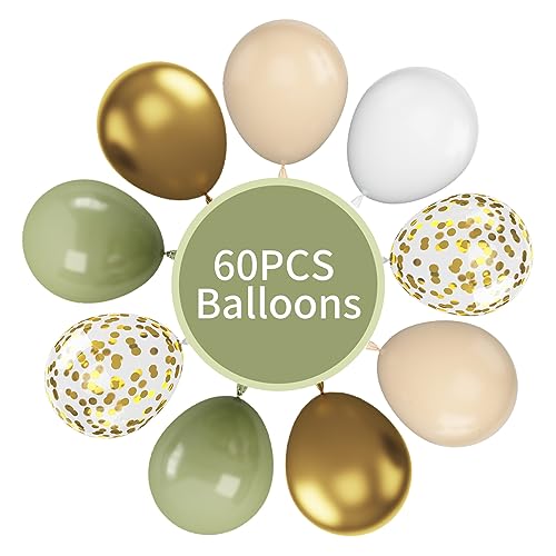 Image of Green & Gold Balloons - 60 Pcs Sage Green & Apricot, 12 Inch Metallic Gold Confetti, Retro Green Latex for Baby Shower, Wedding, Birthday, Jungle Animal Theme Party Decorations