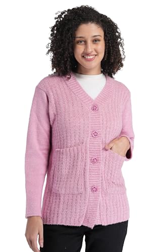 MANRA Women's Woolen V-Neck Buttoned Full Sleeve Cardigan Self Design Soft Wool Fabric Winter Wear Pure Wool Sweater Fully Warm with Front Pockets Stylish Cardigan