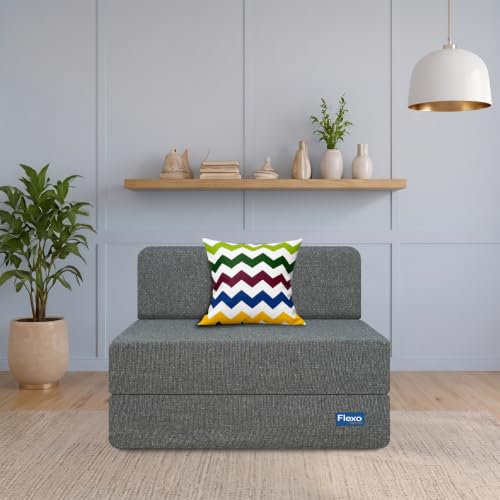 Image of Starlon 1 Seater Foldable Sofa Cum Bed 3-in-1 with 1 Waves Pattern Pillow, Washable Jute Fabric Cover, Space Saving Guest Bed, Pre-Assembled Ash Gray 2.5x6 Ft