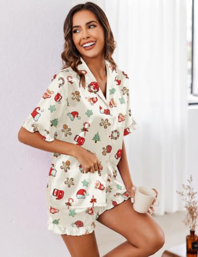 Image of Ekouaer Satin Pajama Set for Women 2 Piece Pj Sets Short Sleeve Sleepwear