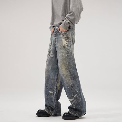 Hip hop Chain Printed Jeans for Men, Retro high Street Punk Y2K high Waist Wide Leg Harajuku Hip-hop Pants3