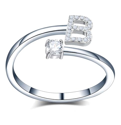 Only faith Anillos de letras iniciales Brillantes Zirconia cúbica Incrustada con acero inoxidable ajustable, Anillos abiertos de letras para mujer, joyería de moda circonita (B - PLATEADO)