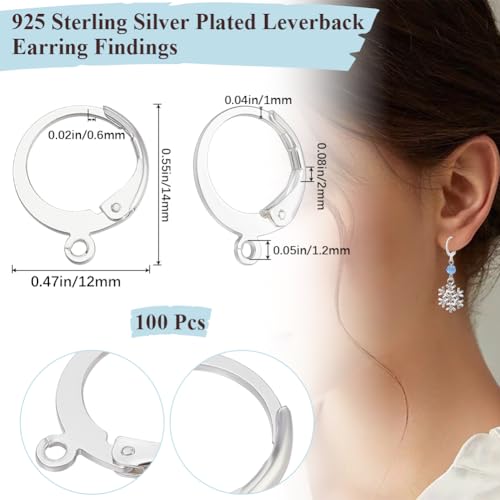 Beebeecraft 1 Box 100Pcs Round Leverback Earring Hooks 925 Sterling Silver Plated 304 Stainless Steel French Huggie Hoop Earring Findings for Jewellery Making DIY Crafts - Image 2