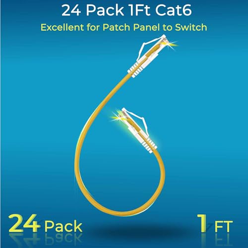 Image of Rapink Patch Cables Cat6 / Cat6a 1ft (24 Pack) Slim, Cat6a Ethernet Patch Cable 10G Support, Snagless Cat 6 Patch Cable for Patch Panel to Switch, Flexiable Cat6 Ethernet Cable Yellow