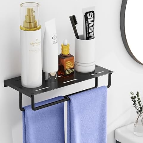 Bathroom Shelf, Taaji 16 Inch Bathroom Shelf with Double Bars Wall Mounted, Metal Floating Shelves Set of 2 Rods for Small Hotel, Rv, Black Cover