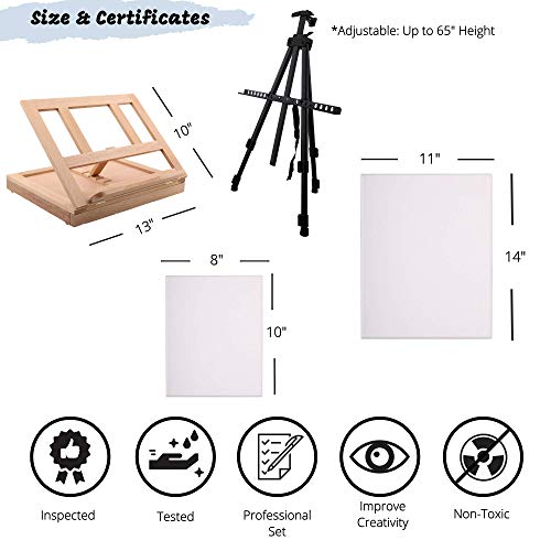 139pc Deluxe Artist Painting Set for Adults - Includes Adjustable Aluminum and Wood Easels, Brush Sets, Watercolor, Acrylic and Oil Sheets and Paints, Sketch pad, Tools, Palettes, Various Canvas
