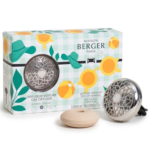 Image of MAISON BERGER Car Diffuser Set, Zest of Verbena | Lime Verbena Mint Notes, Refillable Vent Clip with Ceramic Refill, Passive 4-Week Diffusion, Made in France