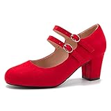 Women's Mary Jane Pumps Low Block Heels Double Strap Closed Toe Wedding Party Church Dress Shoes Suede Red 43-10US
