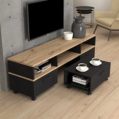 Forte LAKMOS TV-Schrank mit Rollen 160 170, modernes Lowboard mit 2 Schubladen, TV-Rack, Holzwerkstoff, Schwarzeiche/Artisan Eiche Holzdekor, 161,6 cm breit x 48,5 cm hoch x 41,3 cm tief