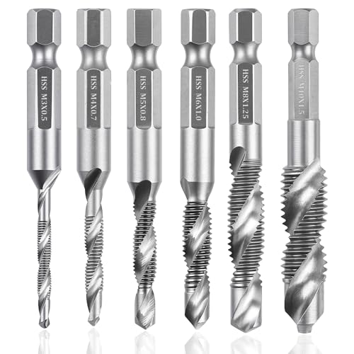 6-teiliges Gewindeschneider Set, M3 M4 M5 M6 M8 M10, HSS Spiralbohrer Set, Kombi-Bohrer und Gewindebohrer Set mit Sechskantschaf für Zubehör Bohrmaschine, Gewindeschneidmaschinen, Holz, Kunststoff