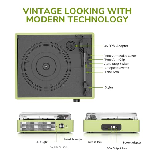 Image of Vinyl Record Player with 2 Stereo Speakers Belt-Driven Vintage Turntables 3 Speed 3 Size Wireless Bluetooth Playback AUX-in RCA Out Headphone LP Vinyl Players Auto Stop Light Green