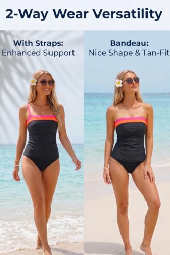 Image of Daci Women Strapless Tankini Tummy Control 2 Piece Bandeau Swimsuit | Full Coverage,Removable&Adjustable Straps,Built-in Soft Unremovable Bra,Ruched Tummy Control,Mid Waist Bottom,Fully Lined