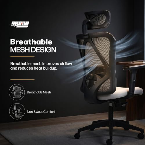 Image of DROGO Ergonaut Ergonomic Office Chair for Work from Home | Computer Chair with 2D Headrest, Armrests & Adjustable Lumbar Support | Breathable Mesh with 120 Recline, 1-Year Warranty (Black & Grey)