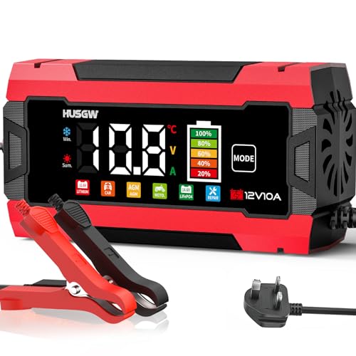 10A Car Battery Charger, 12V Automatic Smart Battery Charger/Maintainer with Temperature Compensation, Car Battery Repair for Car, Motorcycle, SUV, Lithium Batteries & AGM (10A-colour screen)
