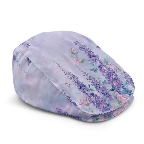 Casquette plate pour femme violette imprimé papillon glycine style newsboy léger