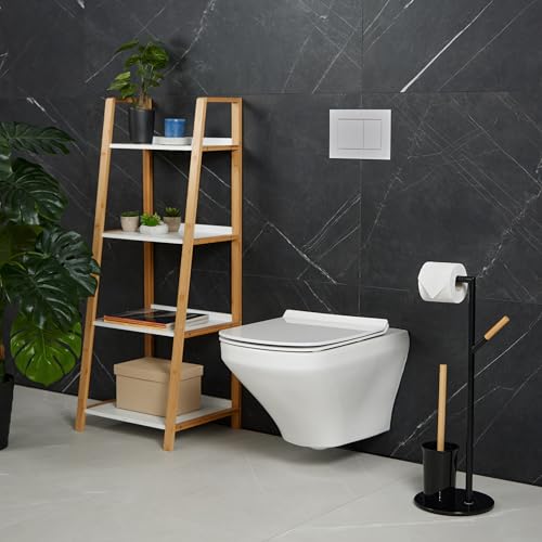 Image of Relaxdays WC Set, HxWxD: 64 x 27 x 22 cm, Free-Standing Roll & Brush Holder, Replacement Heads, Stainless Steel, Black