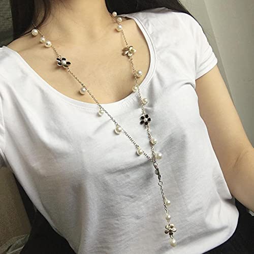 Aneneiceera Boho Tassel Pearl Pendant Long Necklace Retro Big Pearl Pendant Black Flower Necklace Sweater Chain Gold Simple Y Necklace Silver Chain Handmade Wedding Accessories Jewelry for Women Girls