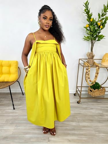 Image of YUEWOO Midi Dresses for Women Casual Summer Sundresses Vacation Outfits Spaghetti Strap Smocked Women Maxi Dress with Pockets
