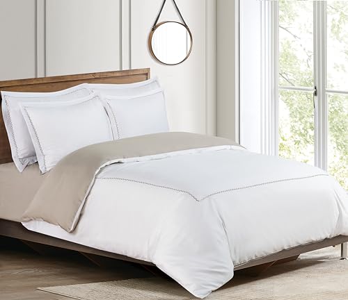 Majestic Giftware Madison Linen 6 Pcs Queen Size Duvet Bedding Set (BL54-Q) | Normandy - Taupe 400 TC 100% Cotton Sateen | 1 Fitted Sheet, 1 Duvet, 4 Pillowcases - Noble Collection