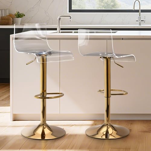 Lessmore Clear Bar Stools Set of 2 Acrylic Bar Stools Swivel Transparent Bar Stool Gold Bar Stool Adjustable Height Modern Bar Chairs for Kitchen Dining Room Gold