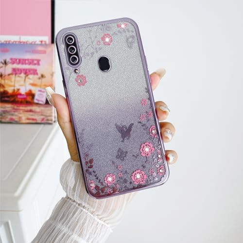 Image of for Samsung Galaxy A20S Case,Galaxy A20S Case for Women Gradual Change Glitter Crystal Soft TPU Stylish Butterfly Floral Heart Clear Protective Cover with Strap for Galaxy A20S (Purple)